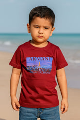 Cityscape Print Maroon T-Shirt for Kids | Armani Exchange Style | Soft Cotton Casual Tee