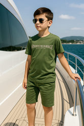 Olive Green Armani Exchange Style Co-ord Set for Kids | T-Shirt & Shorts | Premium Cotton Outfit