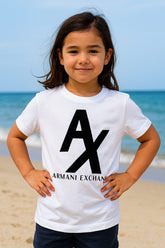 AX Logo Printed Kids White Cotton T-Shirt | Casual Summer Wear for Boys & Girls