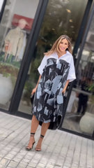 Monochrome Abstract Print Oversized Shirt Dress