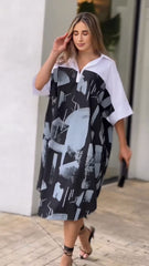 Monochrome Abstract Print Oversized Shirt Dress