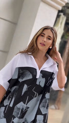 Monochrome Abstract Print Oversized Shirt Dress