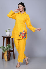 Yellow Sequence Embroidered Cotton Schiffli Co-Ord Set