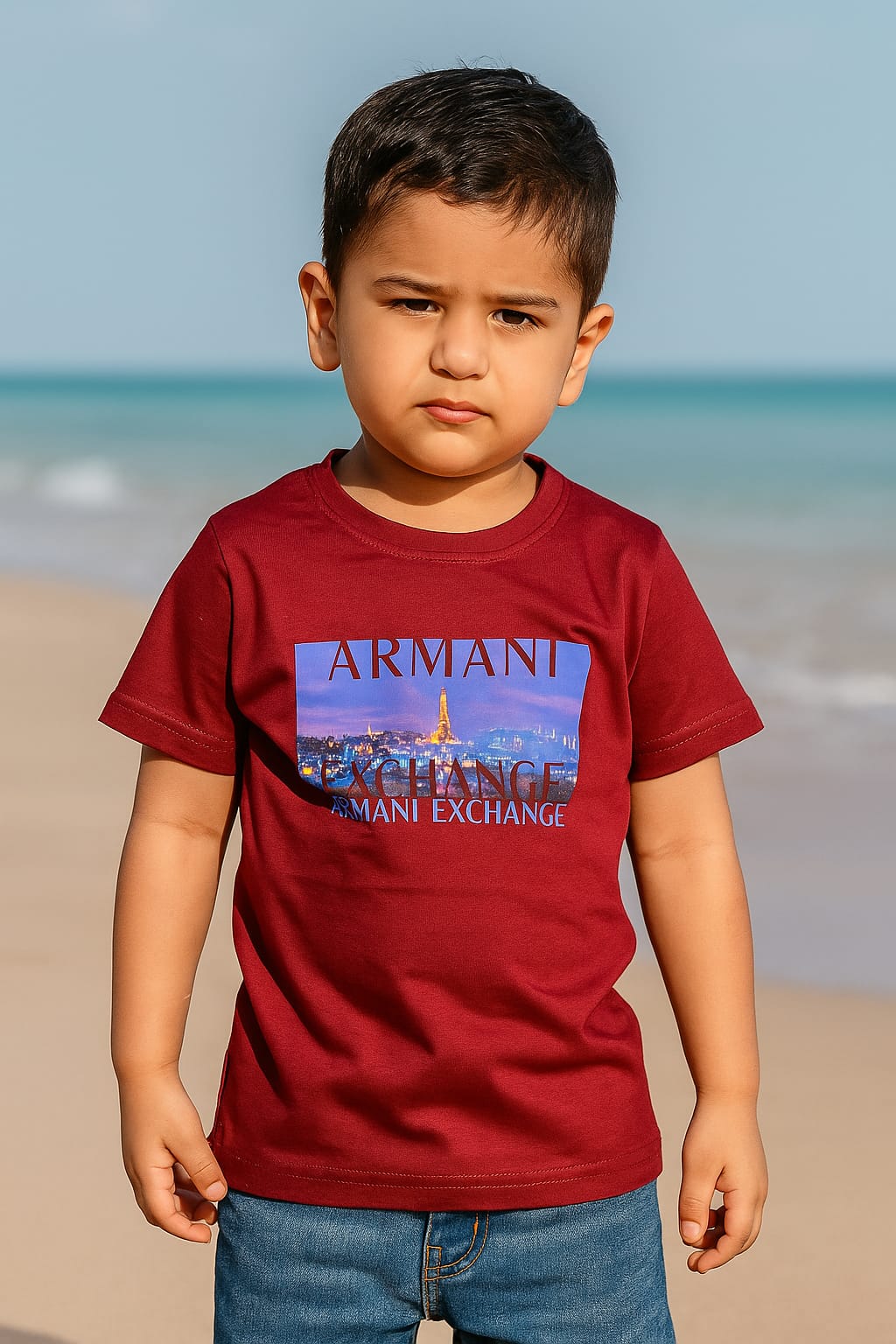 Cityscape Print Maroon T-Shirt for Kids | Armani Exchange Style | Soft Cotton Casual Tee