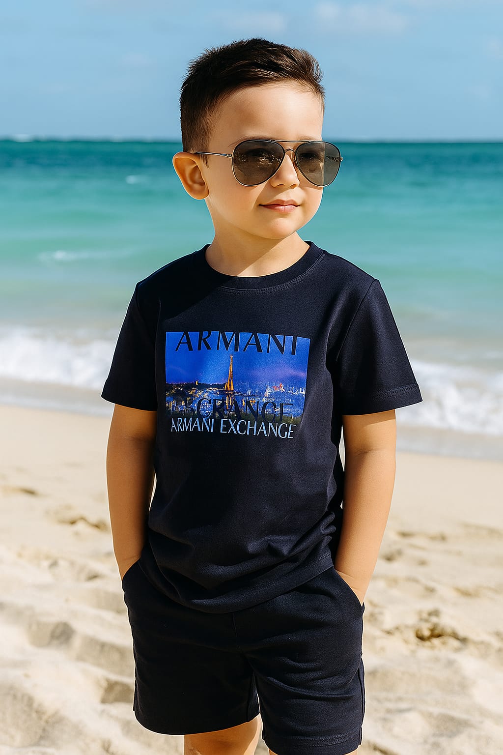 Black Armani Exchange Cityscape Print Co-ord Set for Kids | T-Shirt & Shorts | Stylish Summer Outfit