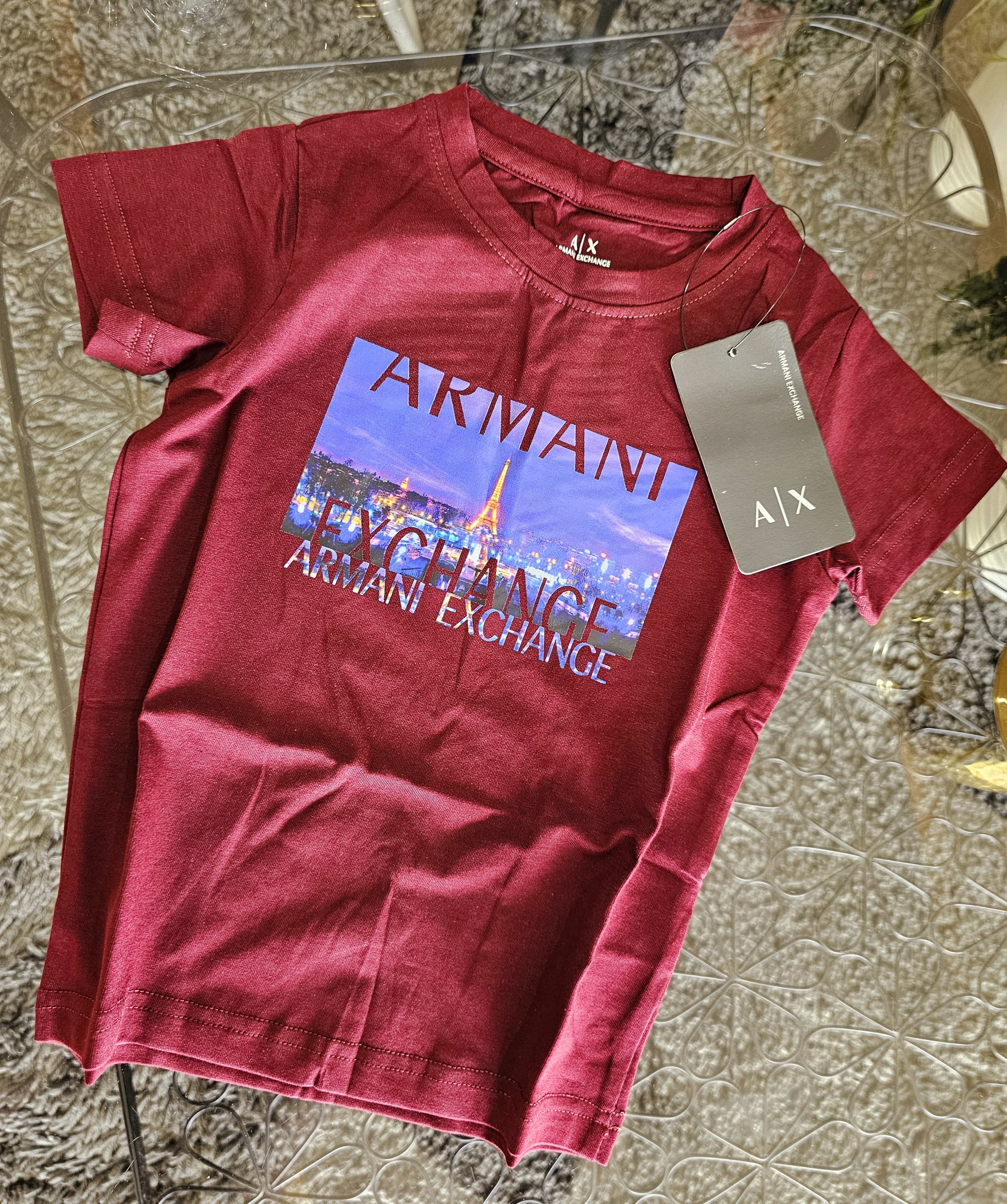 Cityscape Print Maroon T-Shirt for Kids | Armani Exchange Style | Soft Cotton Casual Tee