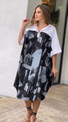 Monochrome Abstract Print Oversized Shirt Dress