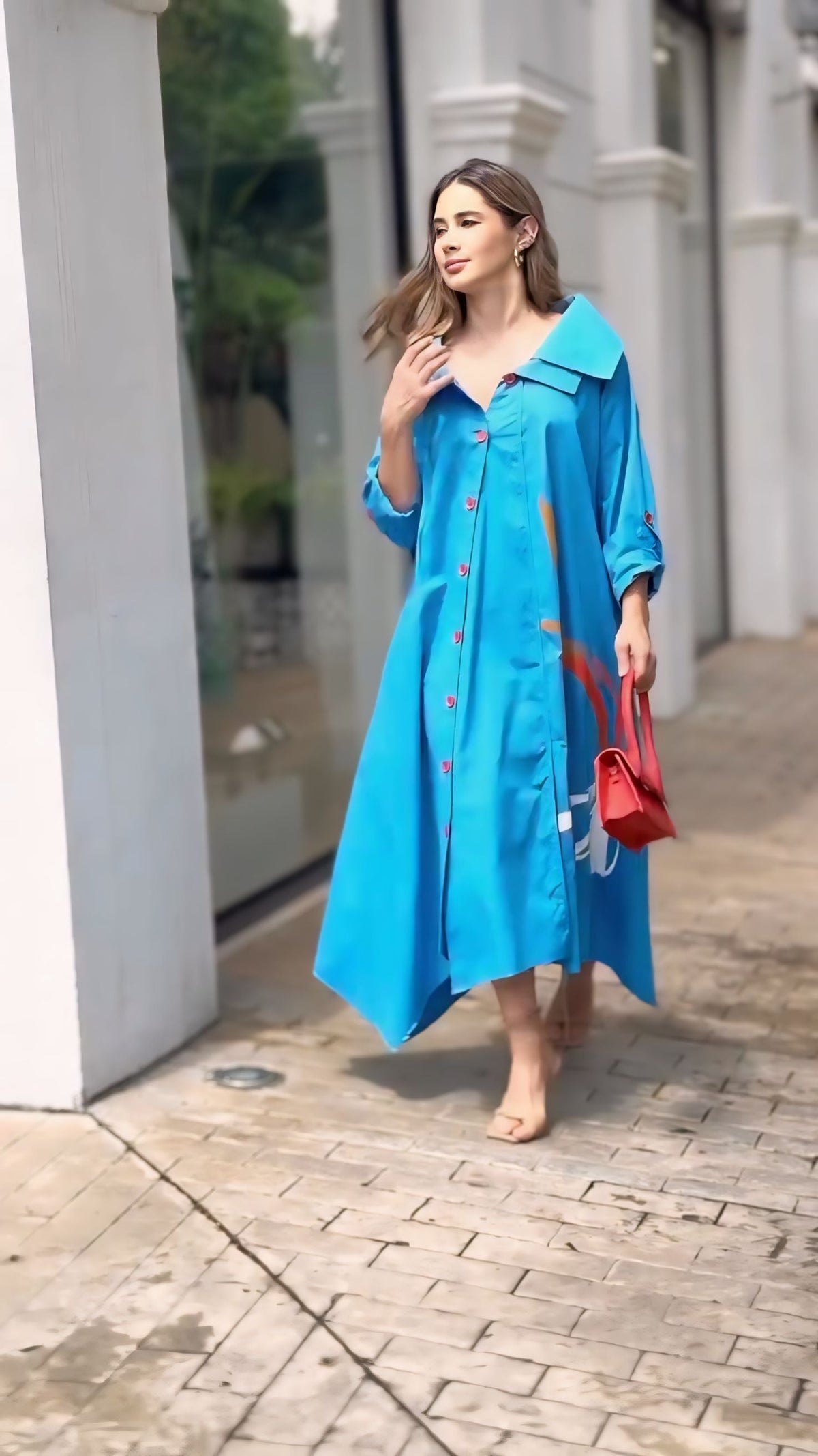 Vibrant Blue Artistic Maxi Shirt Dress
