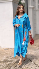 Vibrant Blue Artistic Maxi Shirt Dress