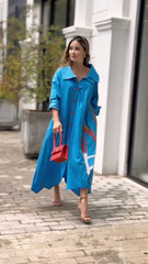 Vibrant Blue Artistic Maxi Shirt Dress