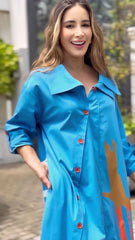 Vibrant Blue Artistic Maxi Shirt Dress