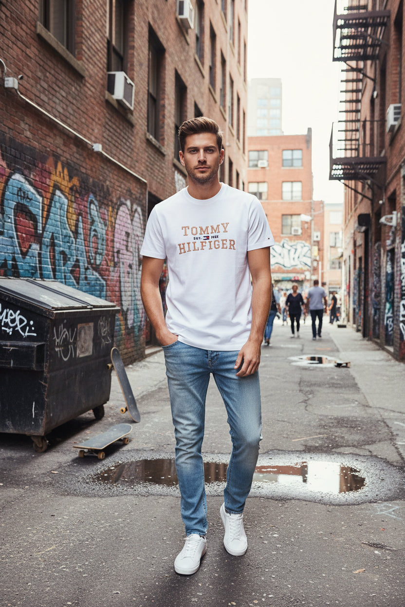 White Tommy Hilfiger t-shirt held by a hand in a store setting